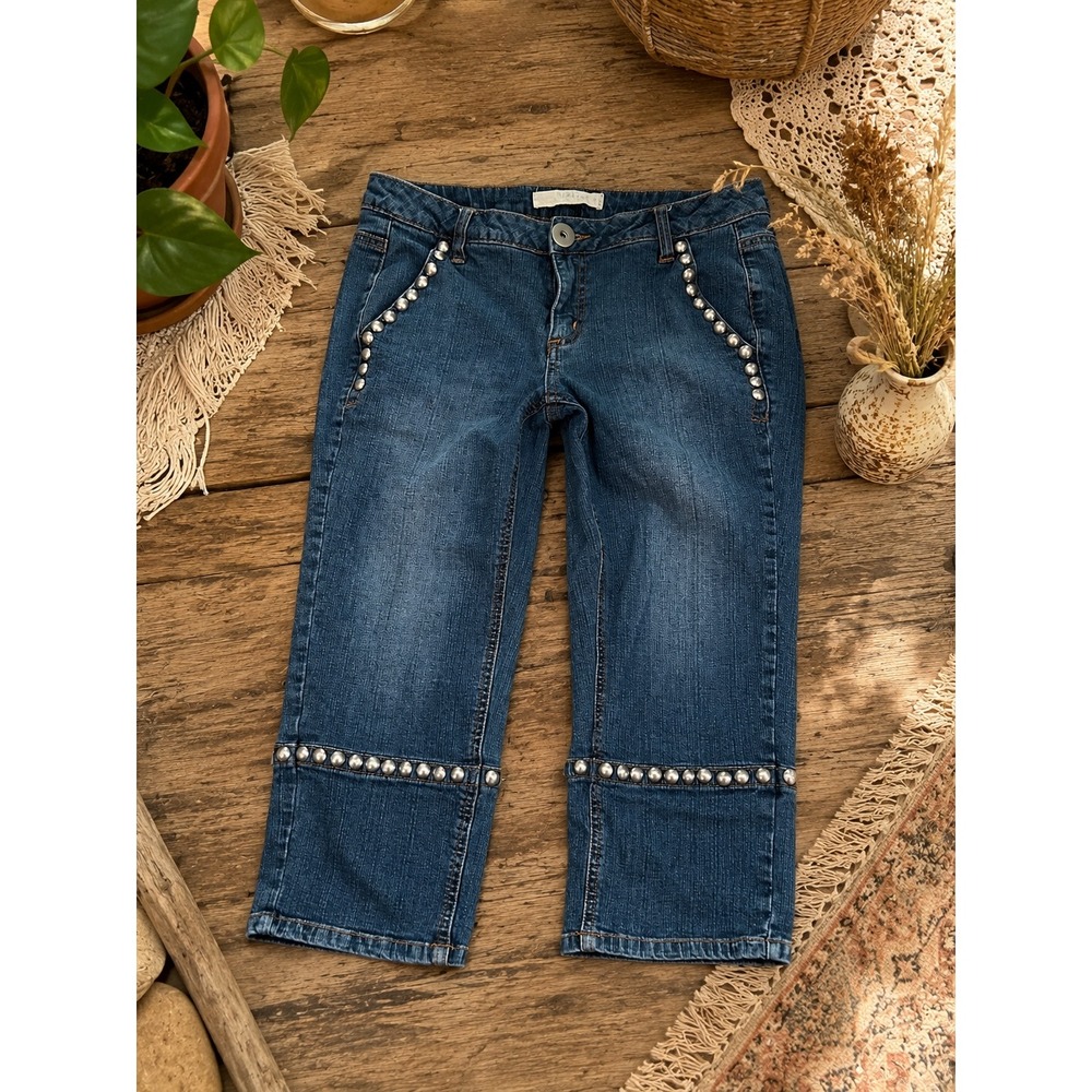 Y2K Studded Embellished Capri Jeans 4P Boho Western Edgy Crop‎ Festival